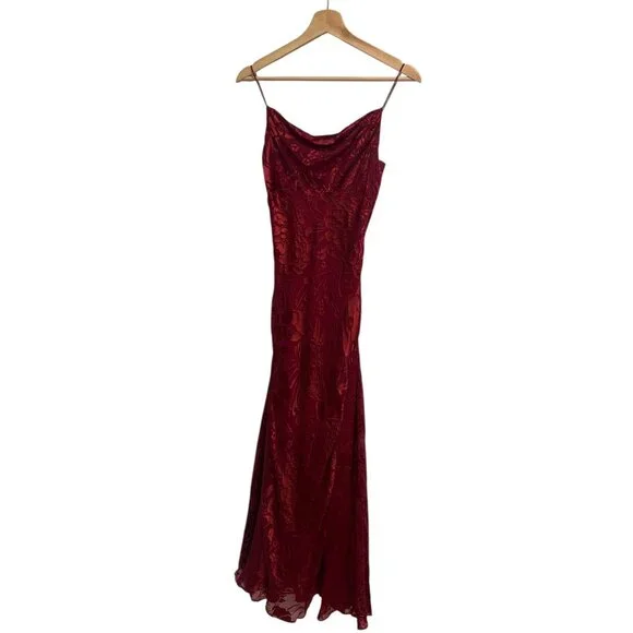 Nicole Miller Silk Burnout Floral Maxi Dress Burgundy Spaghetti Strap XS - Picture 2 of 10